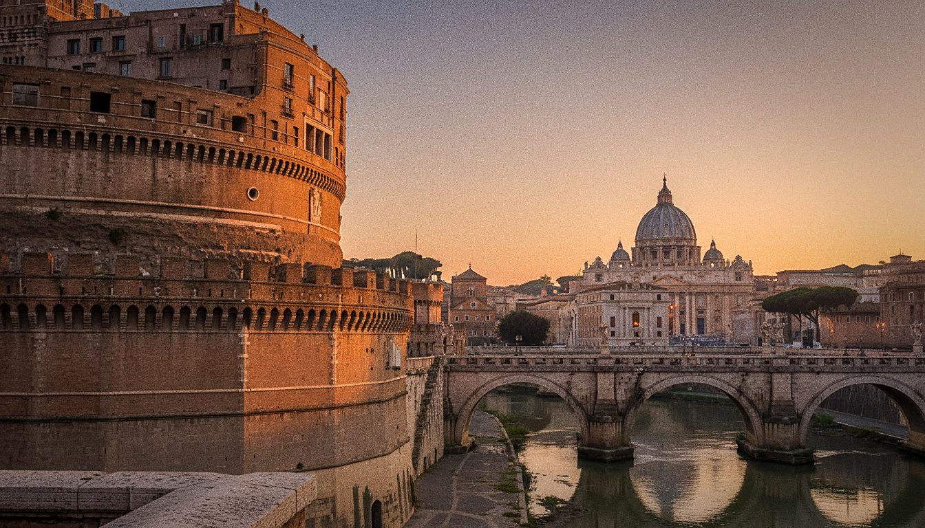 Vue depuis la terrasse du Château Saint-Ange au coucher du soleil, avec le Ponte Sant'Angelo et la coupole de Saint-Pierre